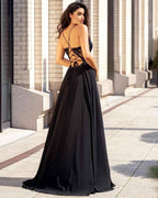 Split Spaghetti Strap V Neck Sleeveless Long A Line Prom Dress With Appliques