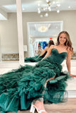 Elegant Dark Green Sweetheart Ruffle Tiered Tulle Long Prom Dresses,Formal Dresses,Prom Gowns,Women Formal Gowns,Quincea?Era Dresses,Cocktail Dresses,Prom Dress Custom Size with Slit BM bride