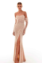 Sequins Strapless Long Split Prom Dress With Pleated Long Gloves