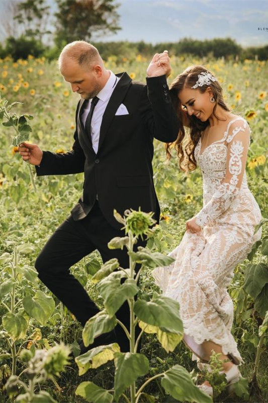 Illusion Long Sleeve Mermaid Lace Wedding Dress Online BM bride