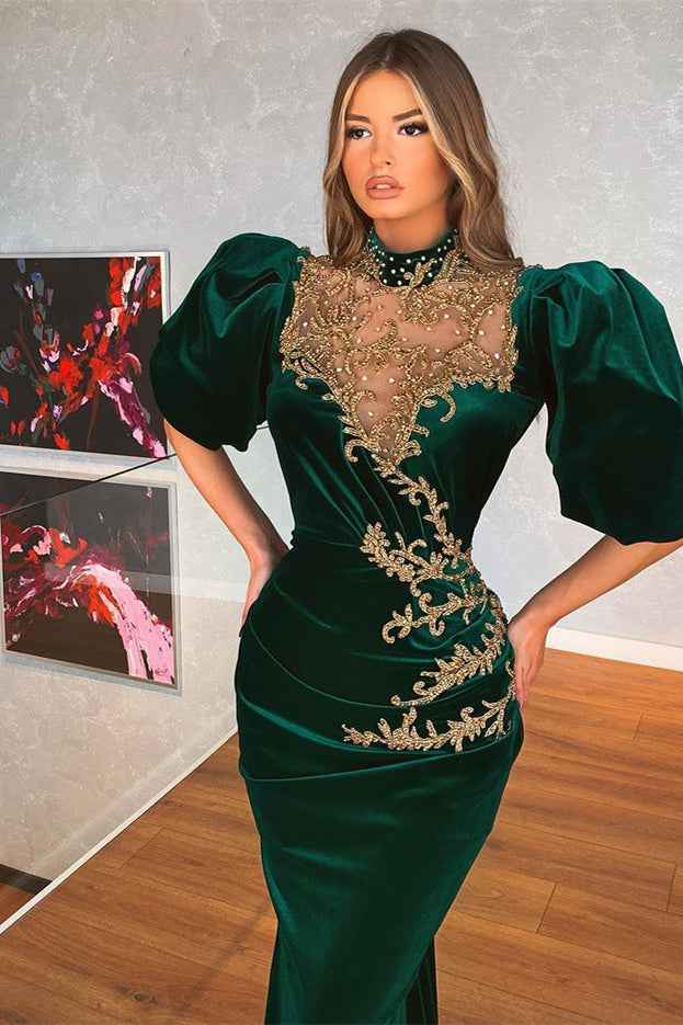 Mermaid Dark Green Bubble Sleeves Pleated Long Prom Dress With Beadings