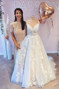 Spaghetti Strap V-Neck Sleeveless Tulle Lace A-Line Wedding Dress BM bride