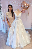 Spaghetti Strap V-Neck Sleeveless Tulle Lace A-Line Wedding Dress BM bride