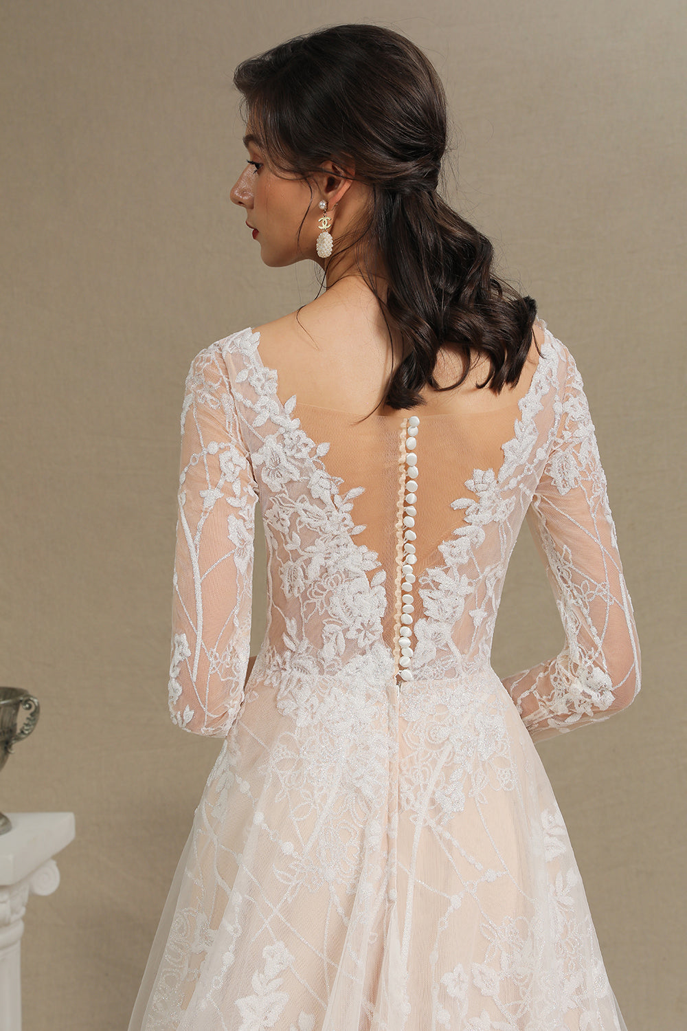 Sheer Long Sleeve A-Line Illusion Tulle Wedding Dress with Lace BM bride
