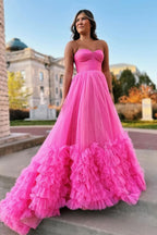 Lovely Pink Sweetheart Tiered Tulle Long Prom Dress BM bride
