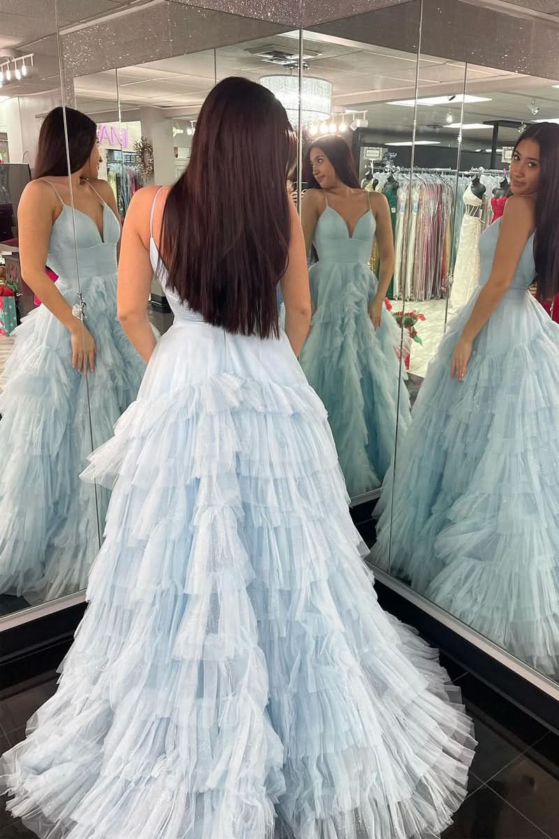 Charming A-Line Spaghetti Straps Tiered Tulle Prom Dress BM bride