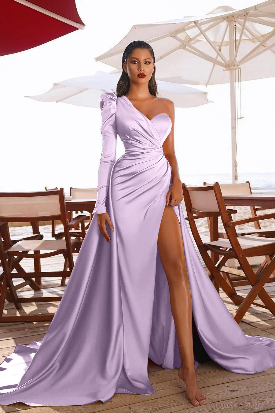 Glamorous One Shoulder Long Sleeve Long Pleated Prom Dress With High Split BMBRIDE
