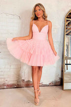 Glitter Navy Tiered Spaghetti Straps Short Homecoming Dress