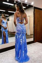Glittering Blue Mermaid Lace Long Prom Dress with Slit BM bride