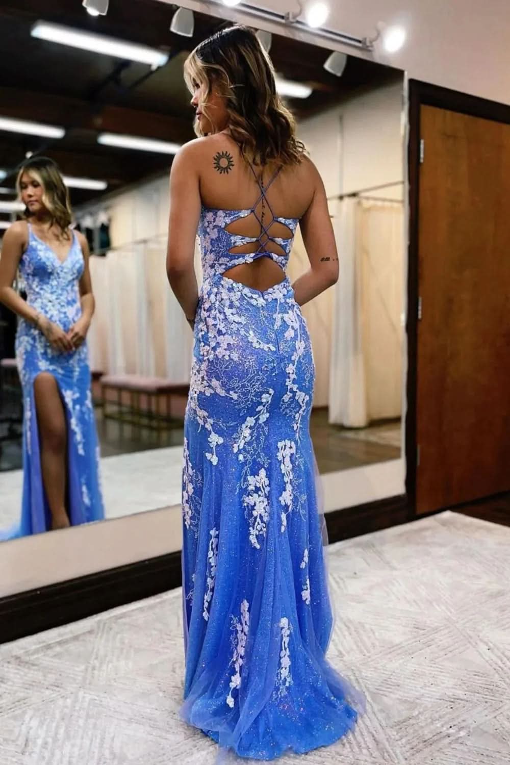 Glittering Blue Mermaid Lace Long Prom Dress with Slit BM bride