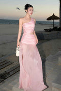 Charming One Shoulder Sleeveless Long Prom Dress With Pleated