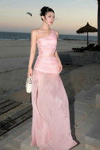 Charming One Shoulder Sleeveless Long Prom Dress With Pleated