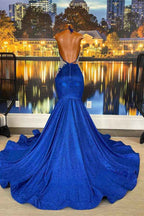 Halter Beautiful Royal Blue Backless Mermaid Prom Dress With Appliques