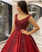 V-neck Backless A-Line Satin Wedding Dress Ruffles Train With Appliques Beading BM bride