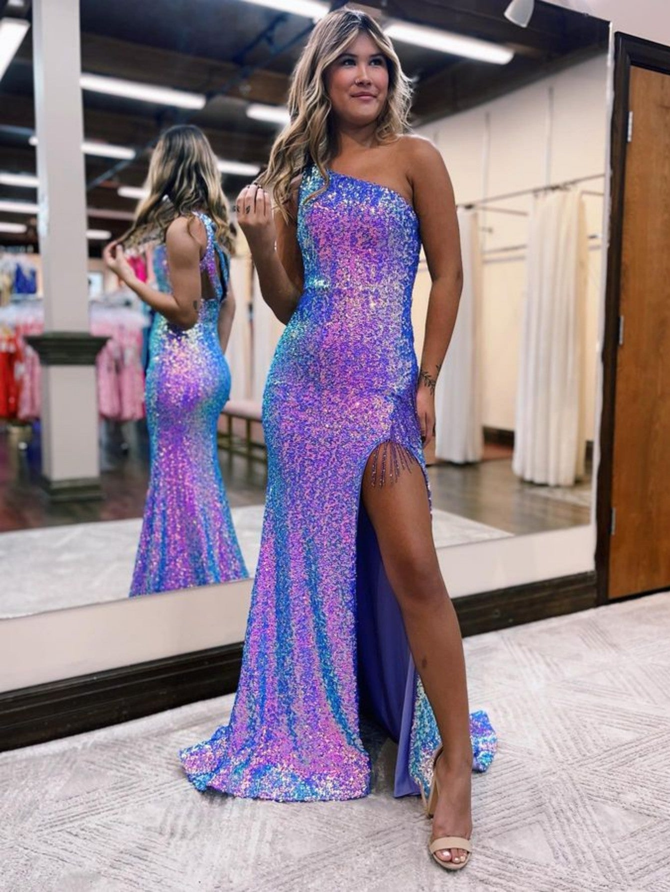 Fashionable Mermaid One-Shoulder Sequins Prom Dress with Tassels BM bride