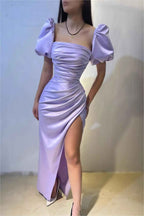 Charming Purple Square Neck Bubble Sleeves Pleated Prom Dress With Split