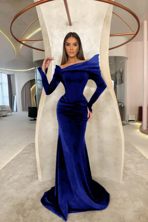 Off the Shoulder Long Sleeves Long Mermaid Prom Dress With Pleated BMBRIDE