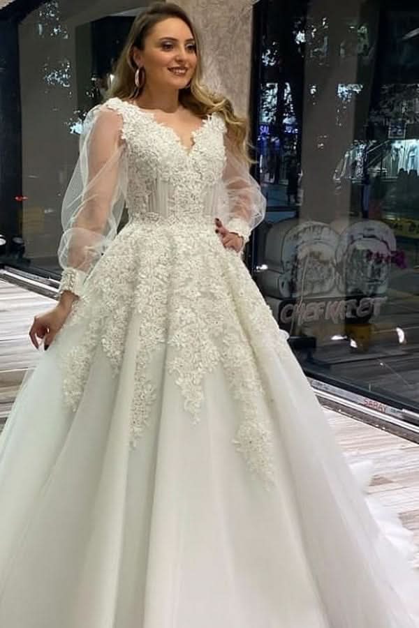 Unique A-Line V-neck Wedding Dress With Appliques Lace Tulle Puffy Long Sleeves BM bride