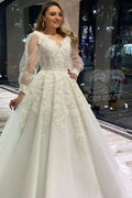 Unique A-Line V-neck Wedding Dress With Appliques Lace Tulle Puffy Long Sleeves BM bride