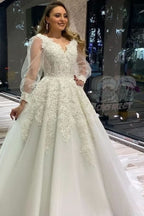 Unique A-Line V-neck Wedding Dress With Appliques Lace Tulle Puffy Long Sleeves BM bride