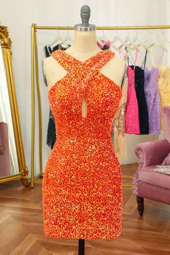 Glitter Orange Halter Backless Sequins Tight Homecoming Dress Bmbride