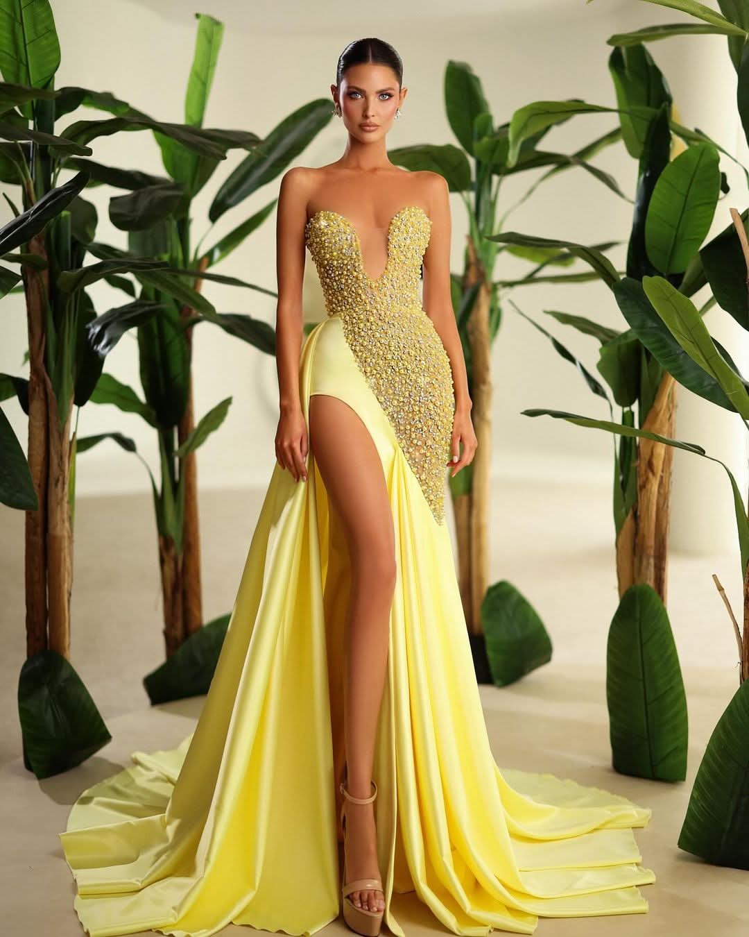 Glamorous Bright Yellow Sweetheart Prom Dress with High Slit and Beads BM bride