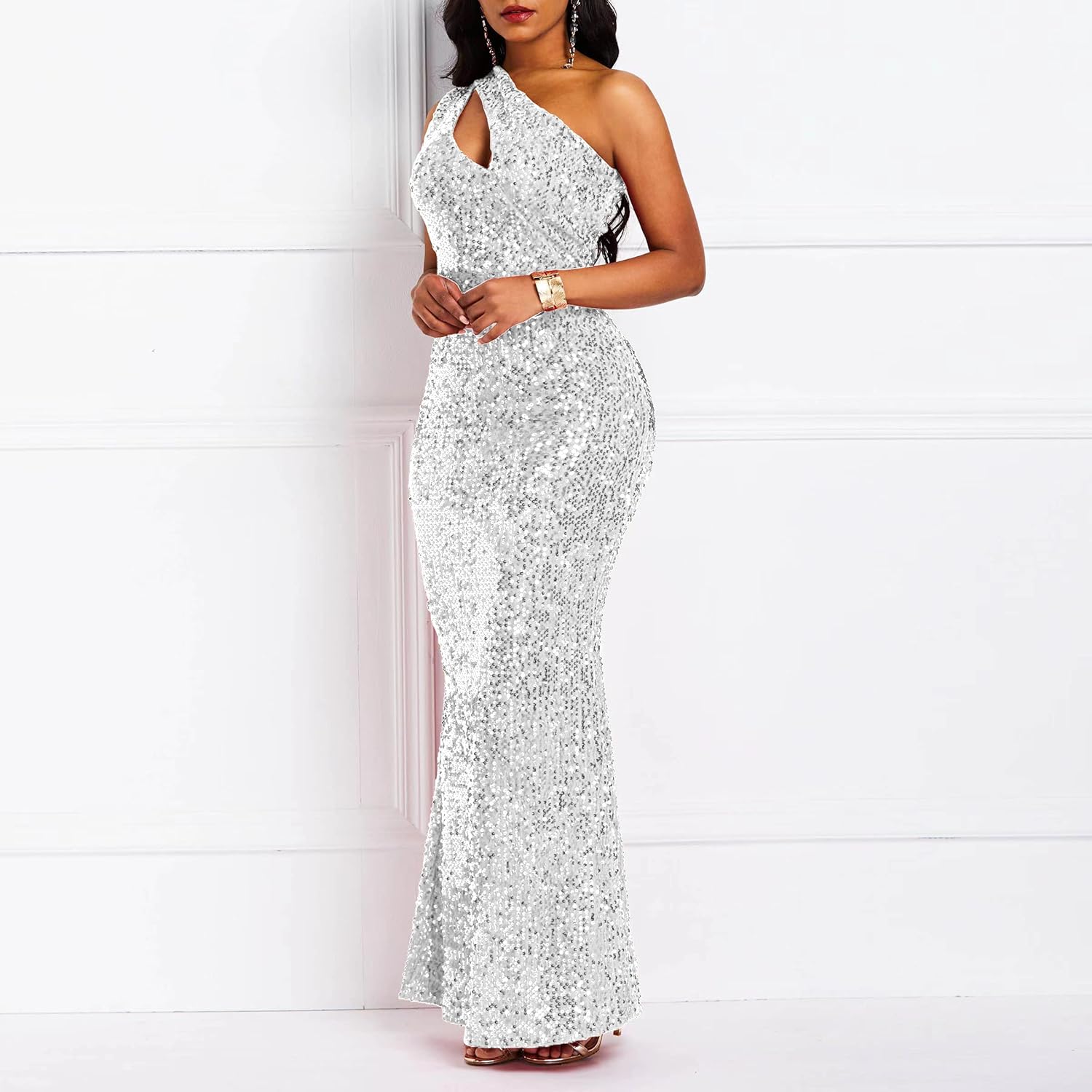 Sequins Fashion Sleeveless Oblique Collar Mermaid Women's Maxi Dress Bodycon Dress Party Dress