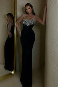 Elegant Black Spaghetti-Strap Slimming Mermaid Prom Dress with Beads BM bride