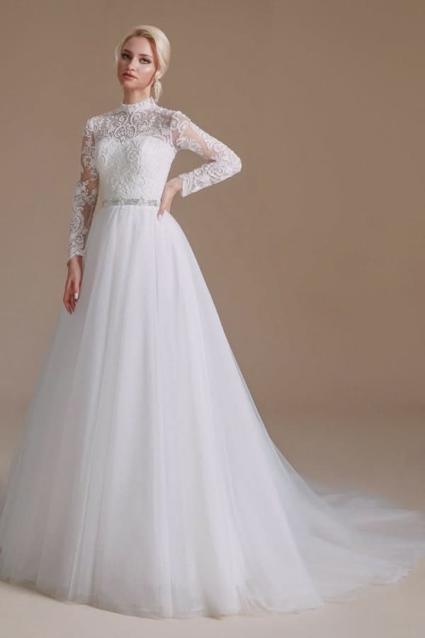 Modest A-Line High Neck Long Sleeve Wedding Dress with Tulle Lace BM bride