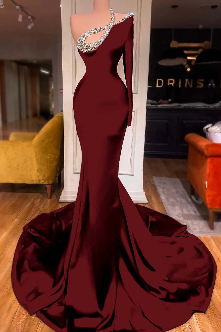 One Shoulder Long Sleeve Mermaid Long Prom Dress With Beading BMBRIDE