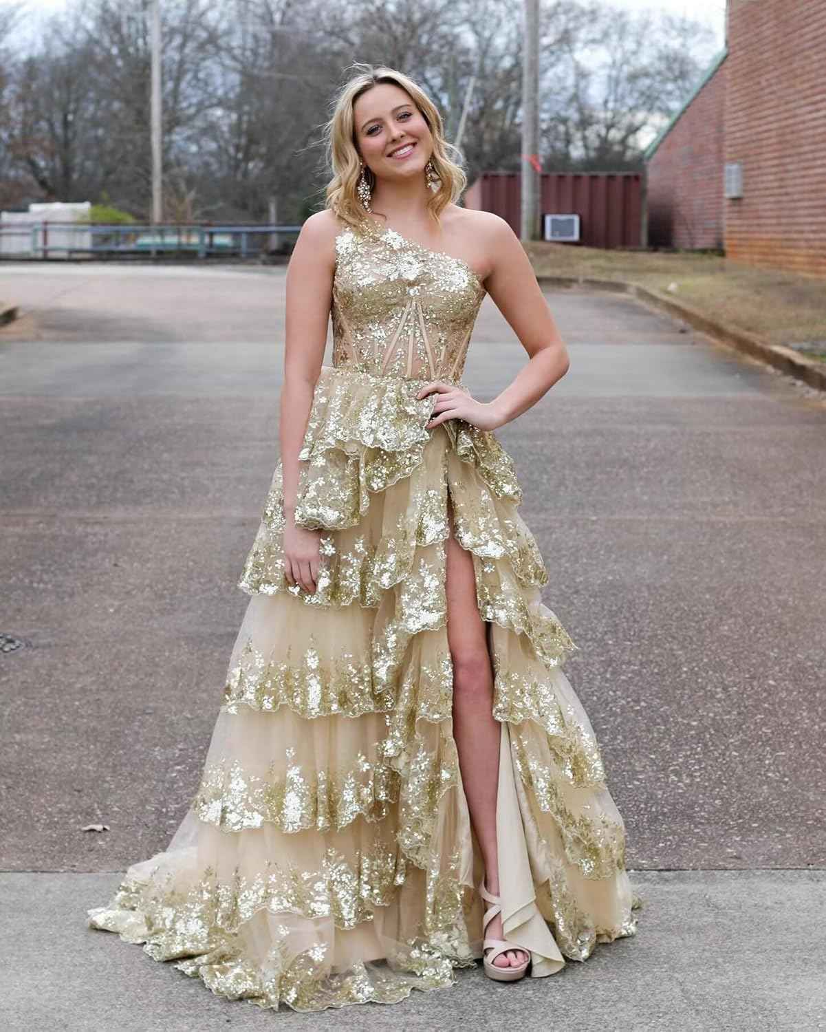 Cudiew One Shoulder Lace Tulle Tiered Prom Dress Sparkly Sequined Applique Long Maxi Formal Evening Party Gowns 2025