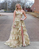 Cudiew One Shoulder Lace Tulle Tiered Prom Dress Sparkly Sequined Applique Long Maxi Formal Evening Party Gowns 2025