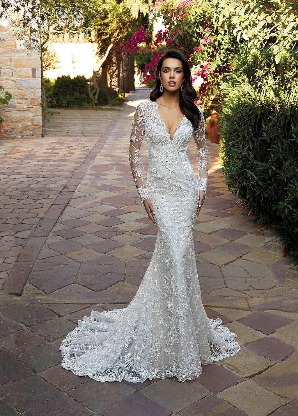 Loyeloy Women's Wedding Dresses for Bride 2025 Sexy V Neck Slit Lace Bridal Wedding Gowns for Bride YJ010