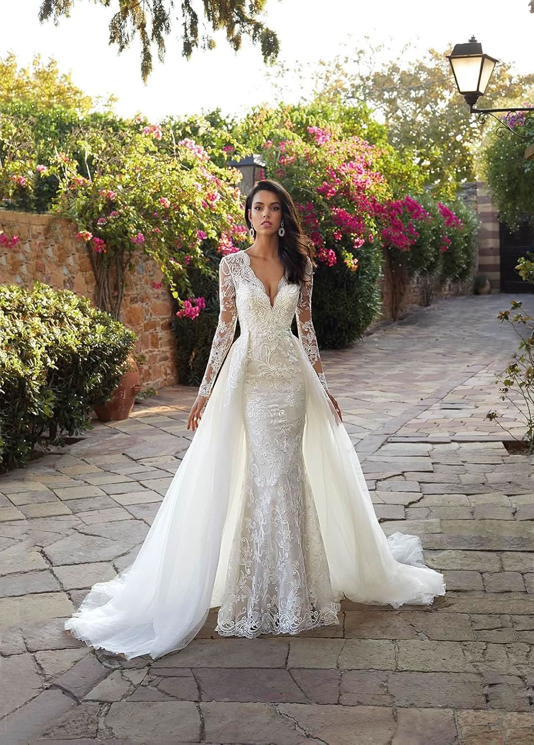 Loyeloy Women's Wedding Dresses for Bride 2025 Sexy V Neck Slit Lace Bridal Wedding Gowns for Bride YJ010