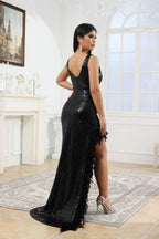 Women's Sexy Sequin Feather Prom Dresses 2025 High Slit Deep V Neck Evening Formal Masquerade Ball Gown Maxi Dress