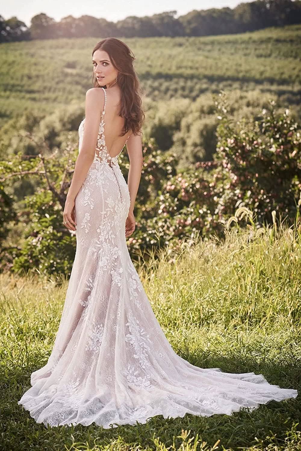 Loyeloy Women's Wedding Dresses for Bride 2025 Sexy V Neck Slit Lace Bridal Wedding Gowns for Bride YJ010