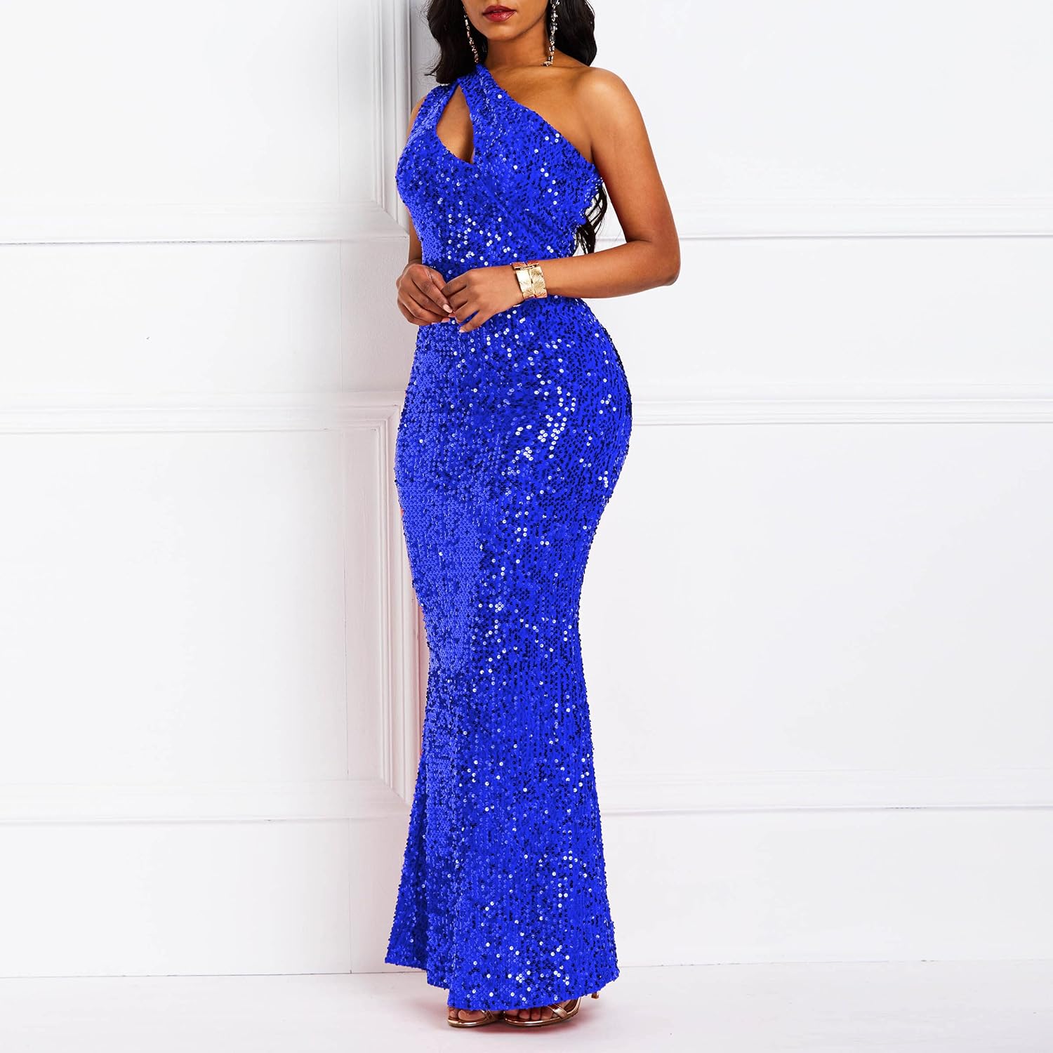 Sequins Fashion Sleeveless Oblique Collar Mermaid Women's Maxi Dress Bodycon Dress Party Dress