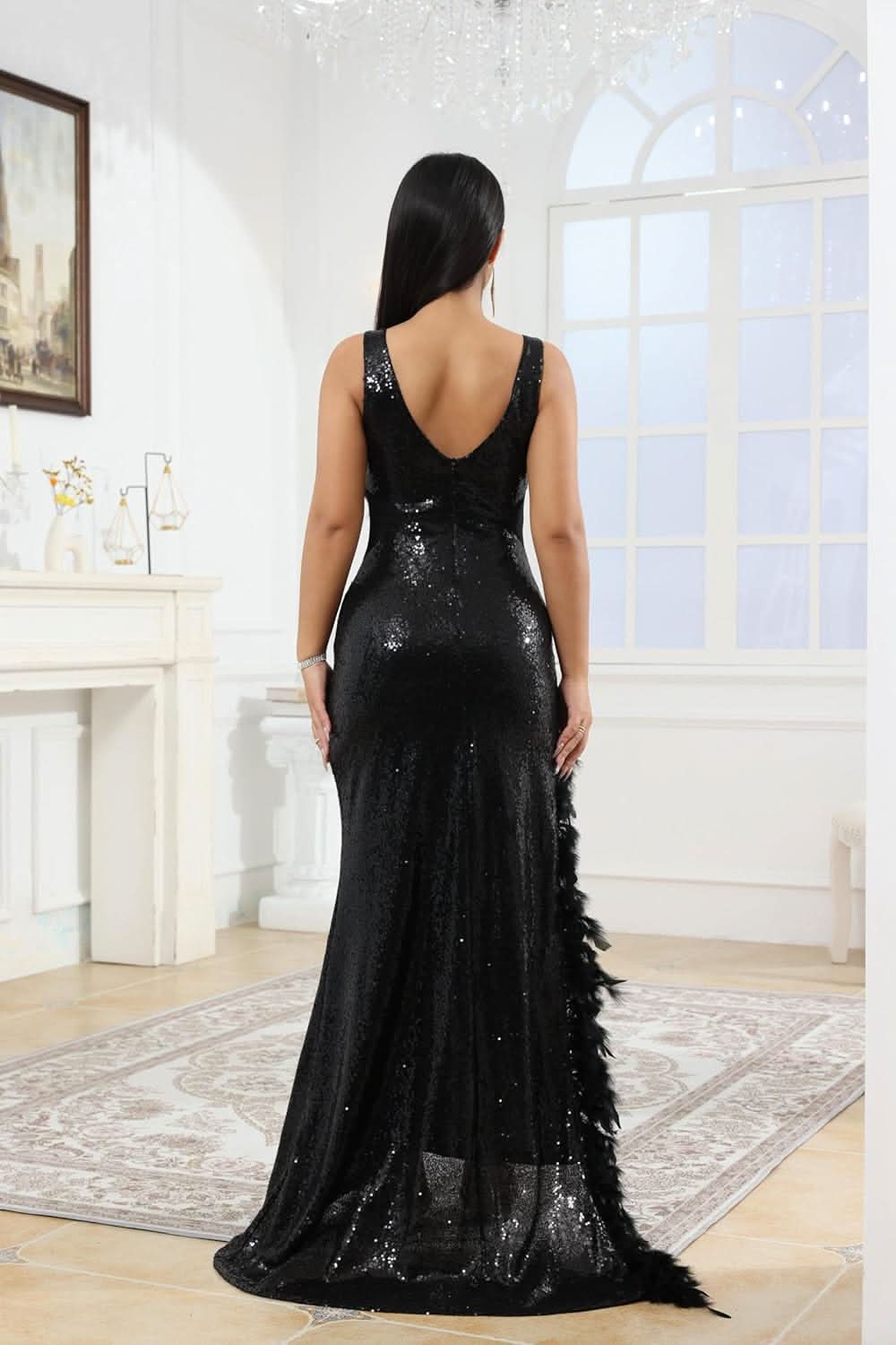 Women's Sexy Sequin Feather Prom Dresses 2025 High Slit Deep V Neck Evening Formal Masquerade Ball Gown Maxi Dress
