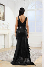 Women's Sexy Sequin Feather Prom Dresses 2025 High Slit Deep V Neck Evening Formal Masquerade Ball Gown Maxi Dress