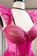 Gorgeous Magenta Tulle Ruffles Bustier A-Line Prom Dress BM bride