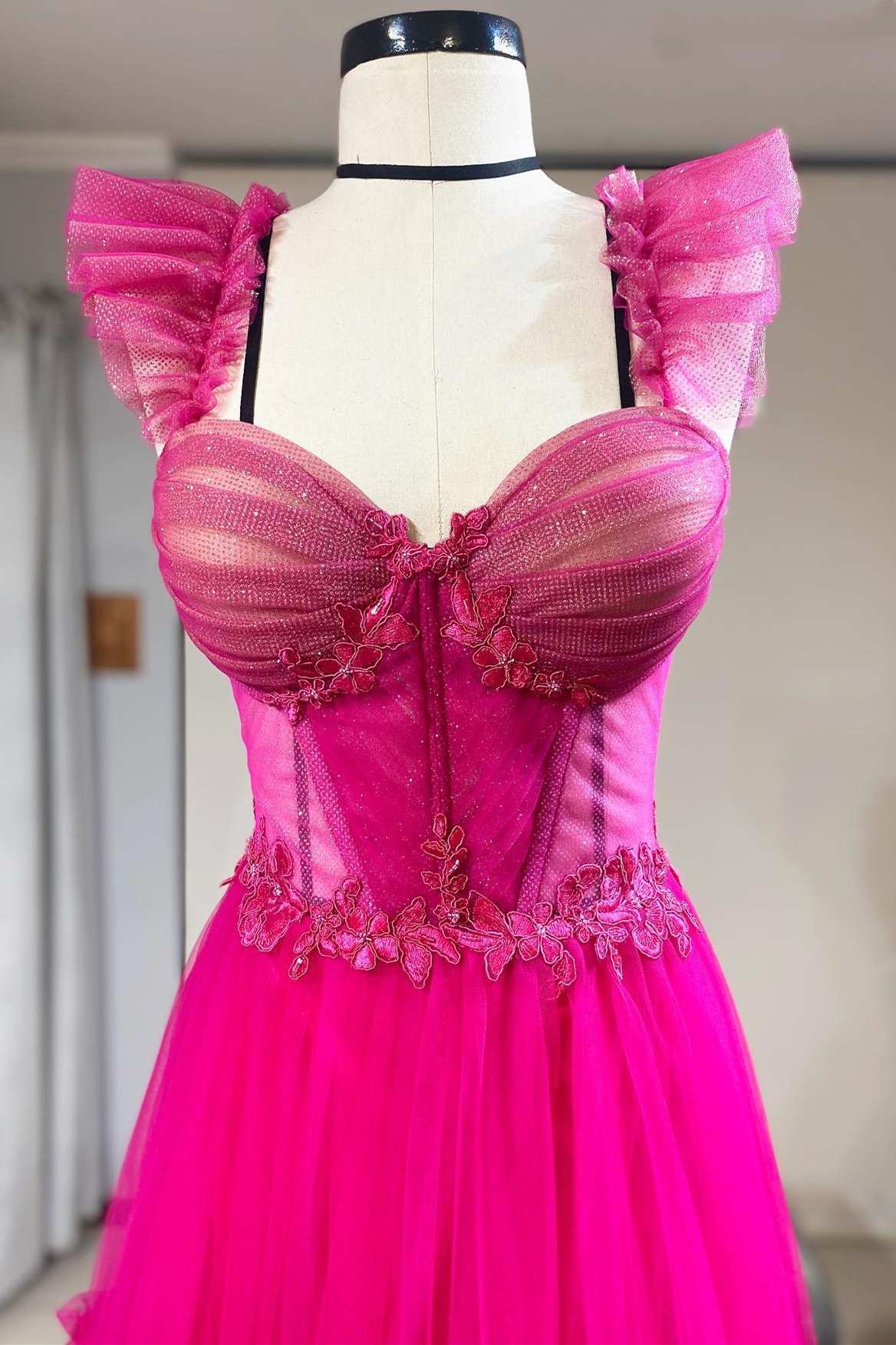 Gorgeous Magenta Tulle Ruffles Bustier A-Line Prom Dress BM bride