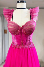 Gorgeous Magenta Tulle Ruffles Bustier A-Line Prom Dress BM bride