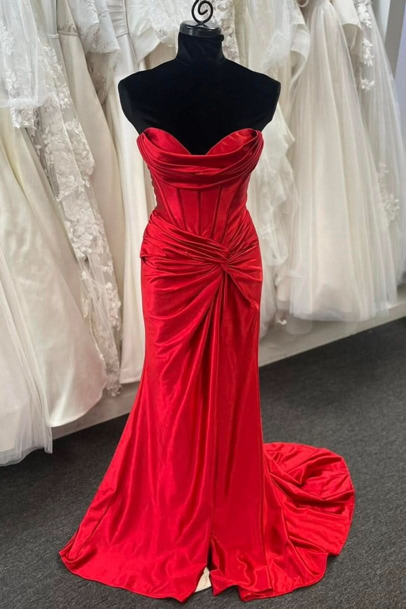 Stunning Red Strapless Twist-Front Mermaid Long Dress with Slit BM bride