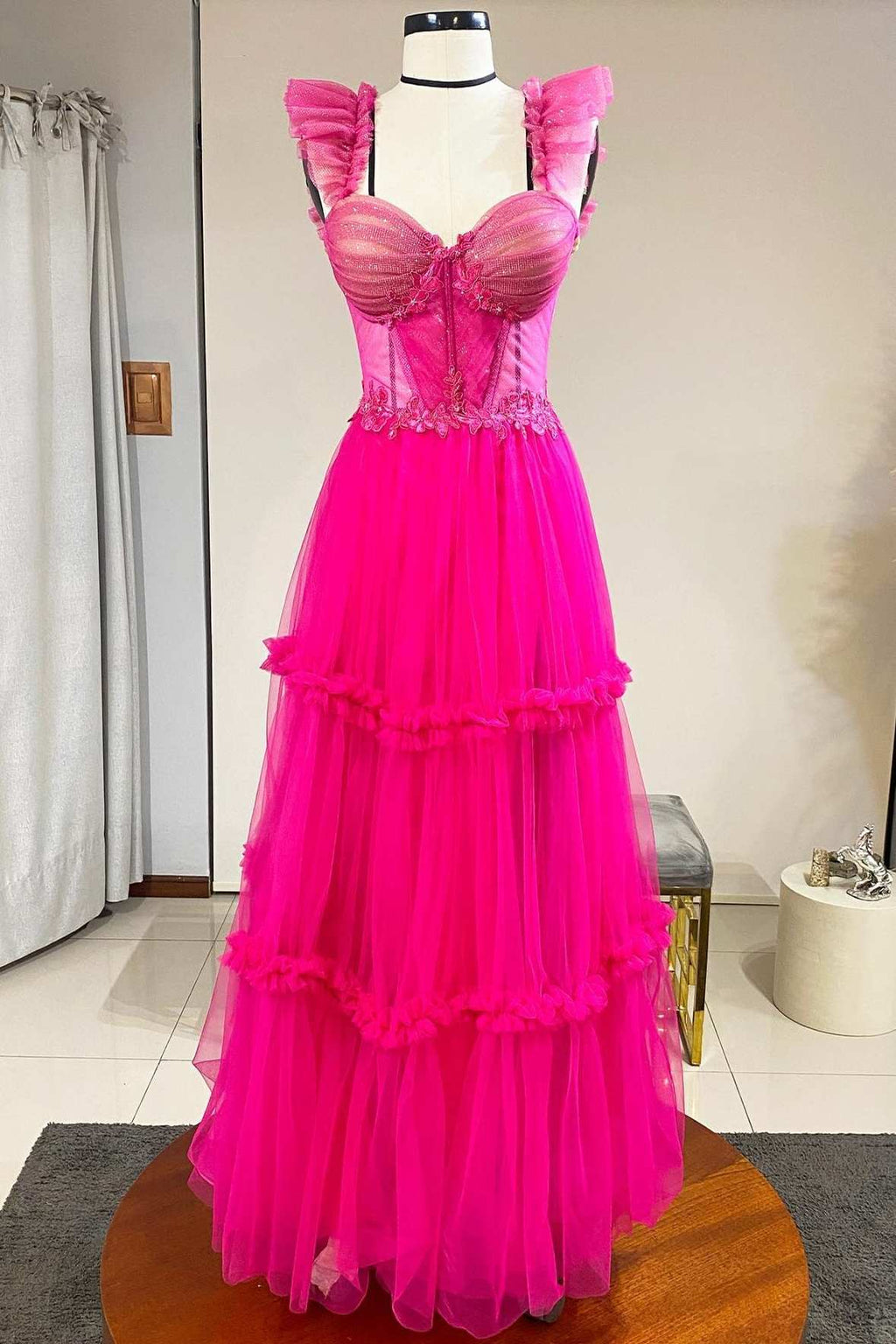 Gorgeous Magenta Tulle Ruffles Bustier A-Line Prom Dress BM bride
