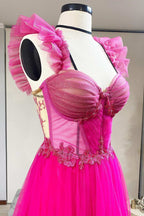 Gorgeous Magenta Tulle Ruffles Bustier A-Line Prom Dress BM bride
