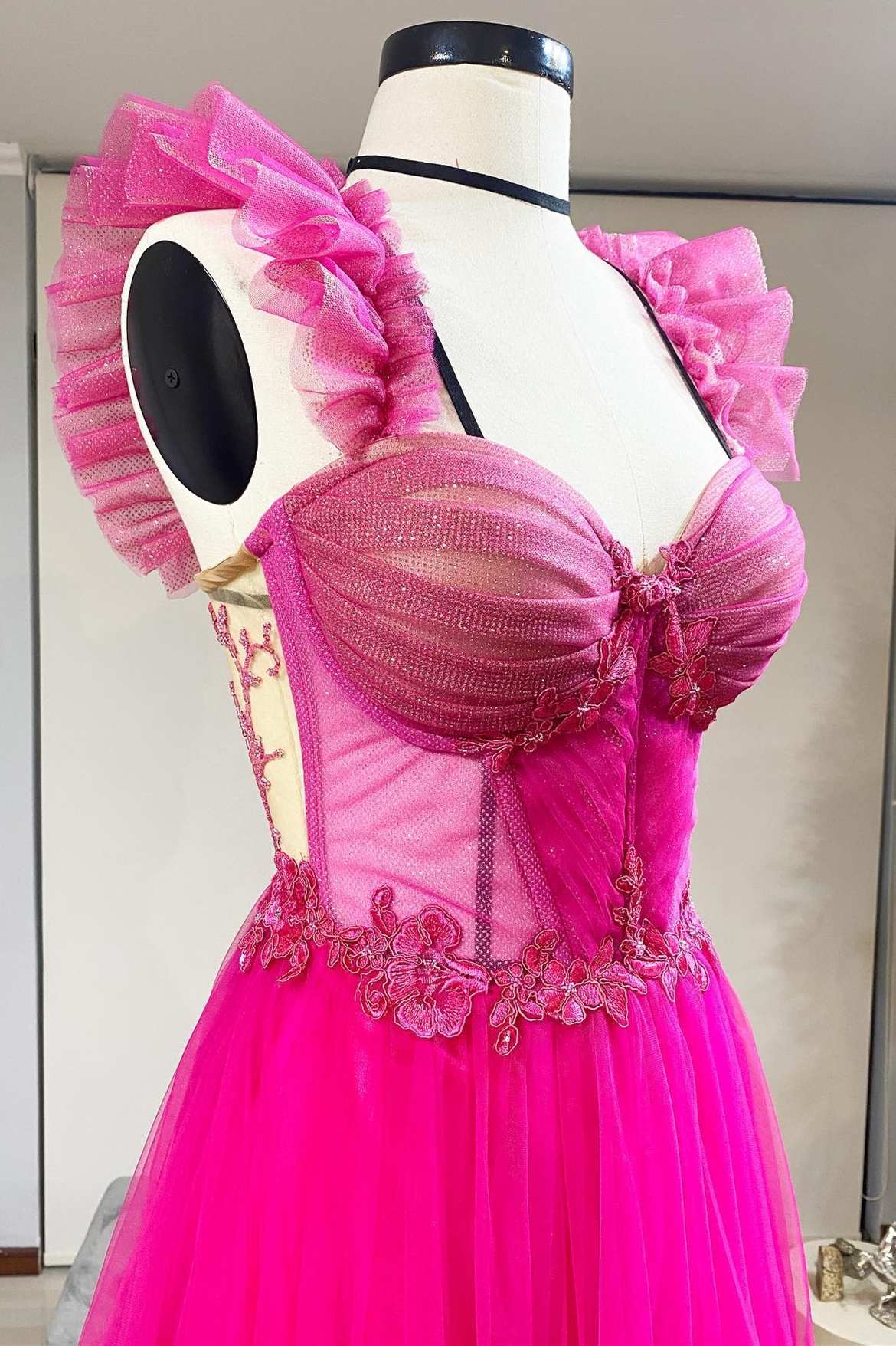 Gorgeous Magenta Tulle Ruffles Bustier A-Line Prom Dress BM bride