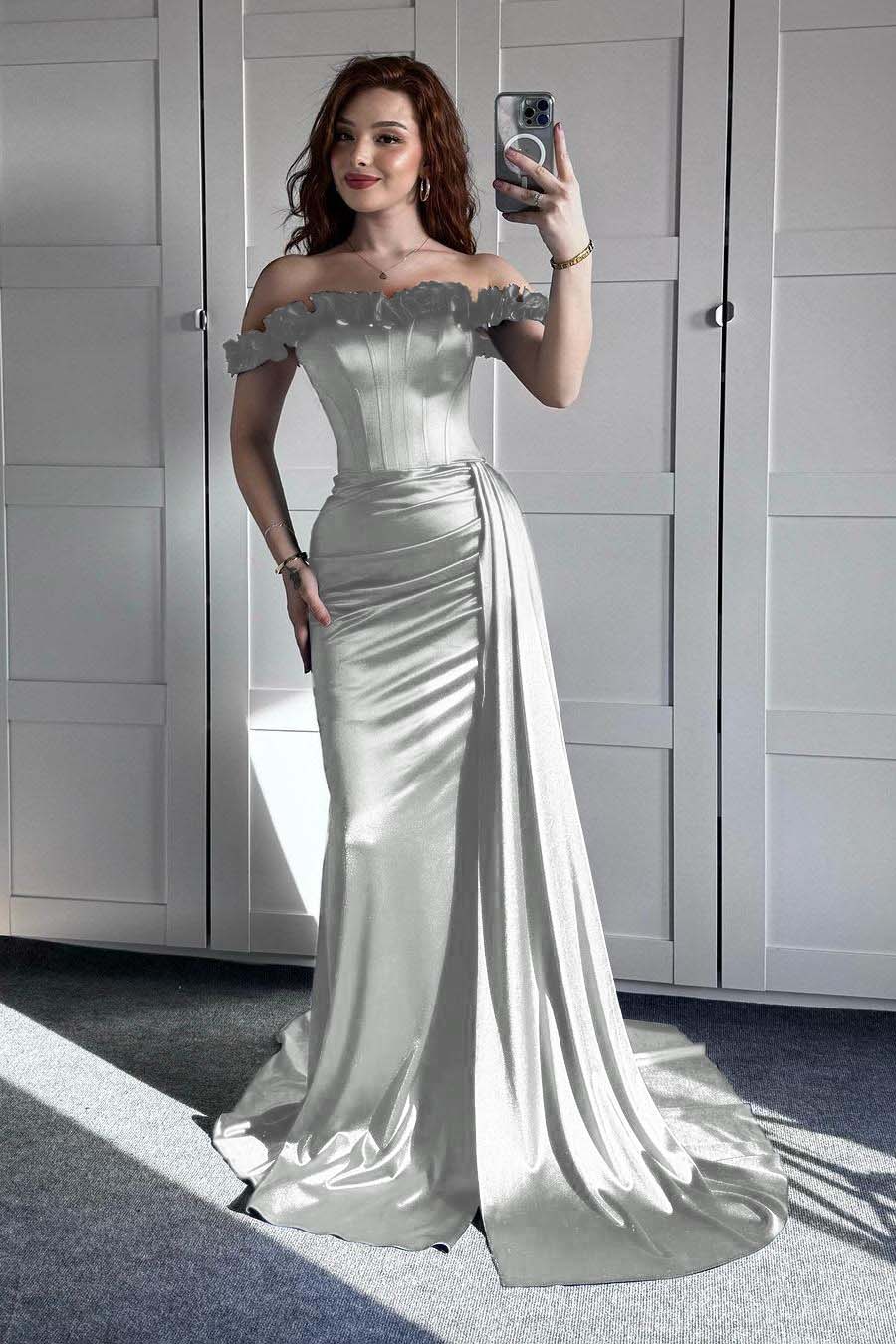 Off the Shoulder Sleeveless Mermaid Long Prom Dress With Ruffles