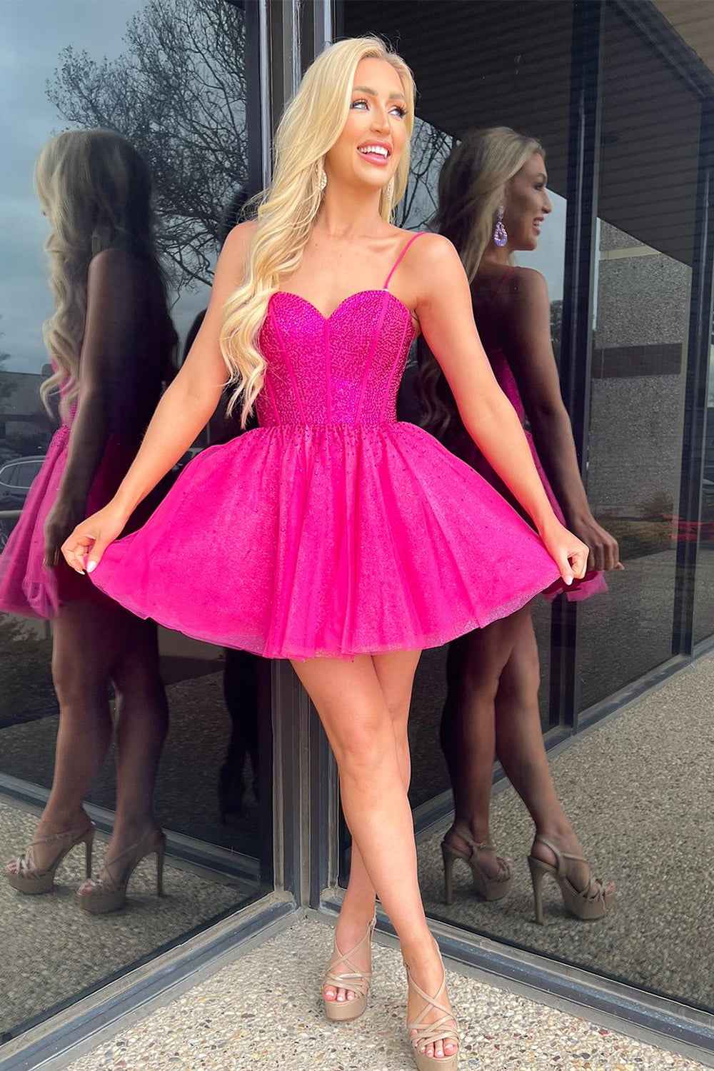 Sparkly Fuchsia Beaded Corset A-Line Short Tulle Homecoming Dress Bmbride