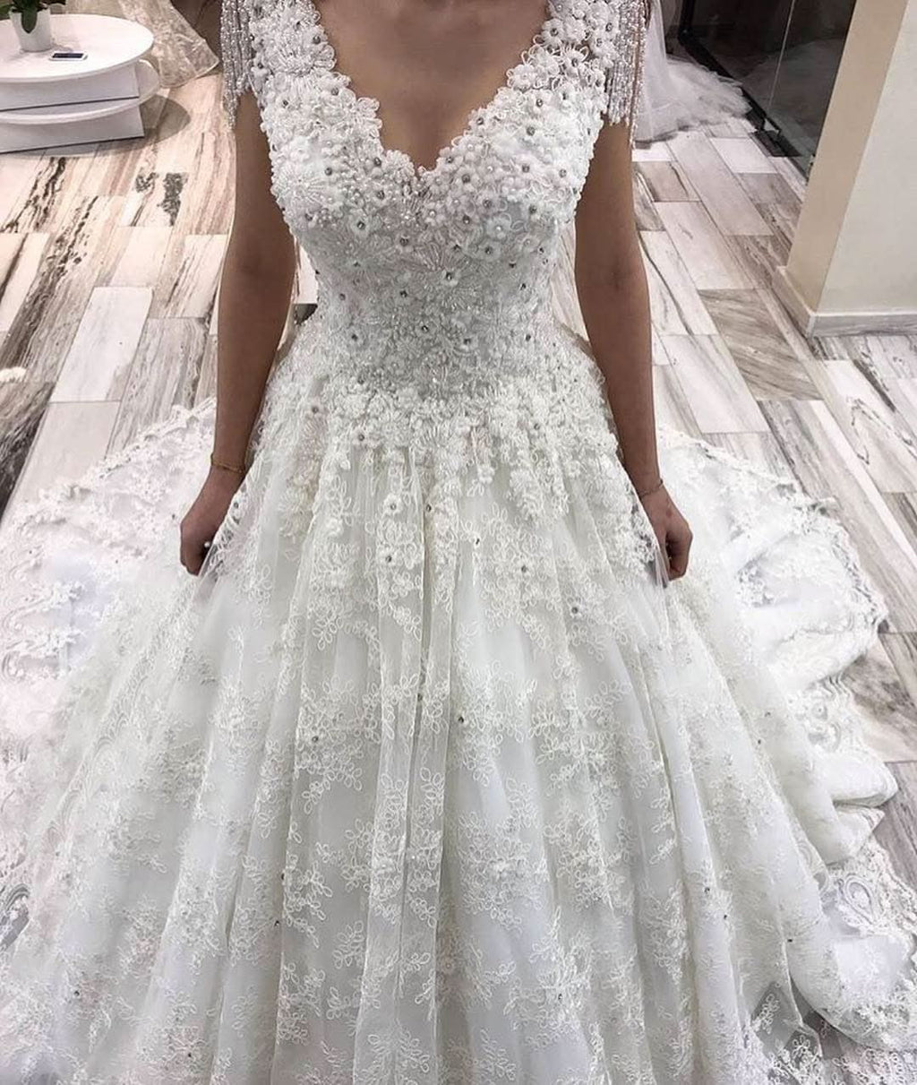 A-Line Tulle Off-the-Shoulder Long Wedding Dress With Lace Appliques BM bride
