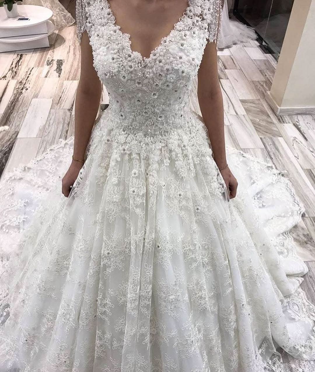 A-Line Tulle Off-the-Shoulder Long Wedding Dress With Lace Appliques BM bride